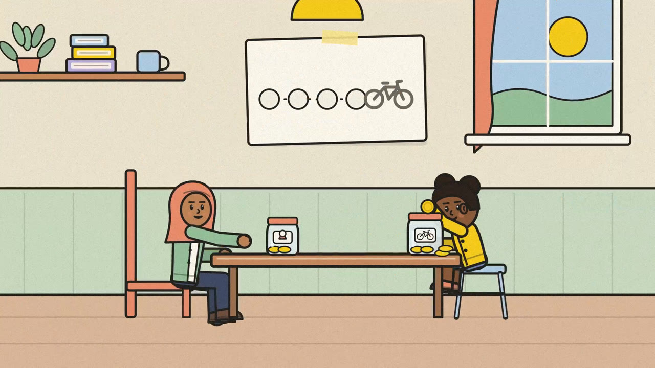 A parent and child save for a bicycle, practise with coins, and breathe through frustration.